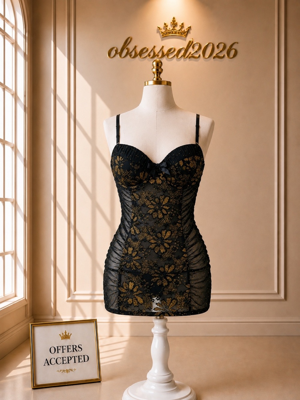 Dreamgirl Black & Gold Sheer Babydoll Dress | Shimmer Lace Lingerie | Super Sexy
